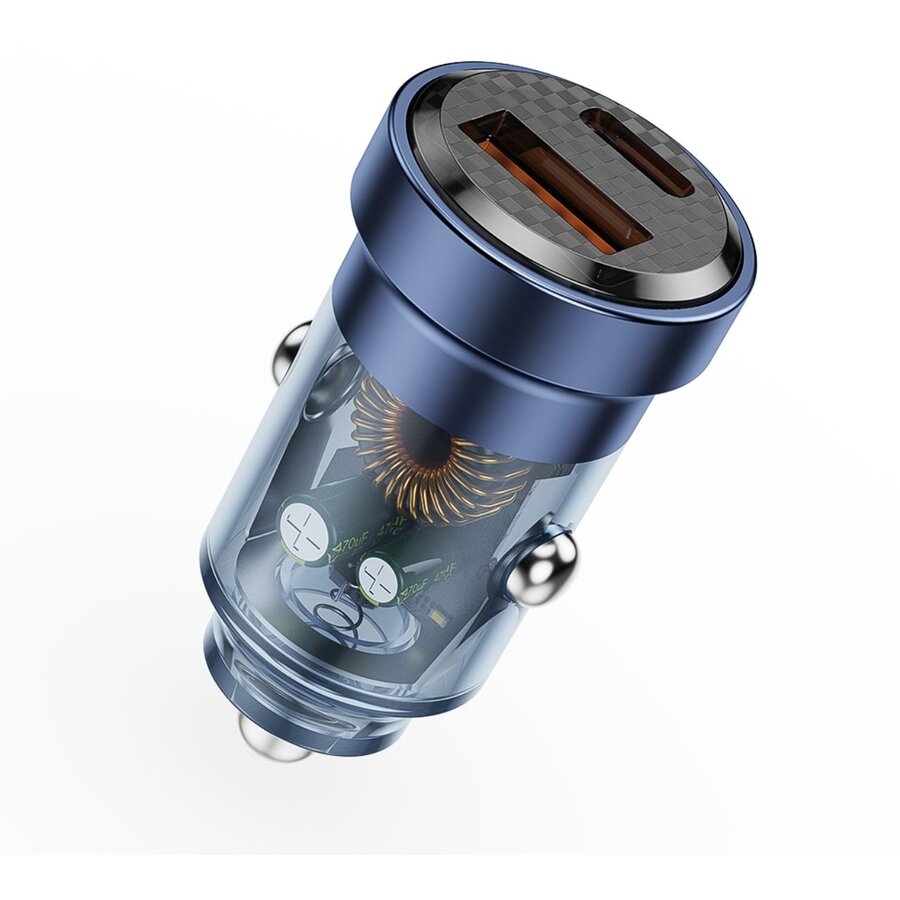 Incarcator Auto Fast Charge LIAQCPD45WTA 45W 2 porturi PD Type-C 45W + USB-A QC 3.0 Transparent / Al