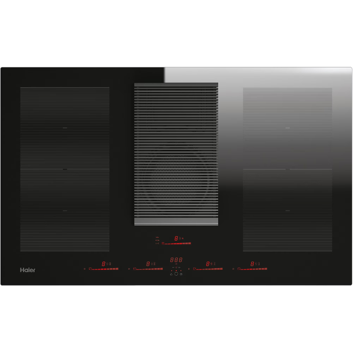 Plita Incorporabila HAIH8IFMCE Inductie 4 Zone Control Tactil   Gatit Timer Zona Double Bridge  Incalzire automata Hota  Evacuare Clasa A 80cm Negru