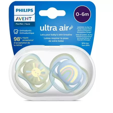 Set 2 Suzete Philips Avent SCF085/58 Ultra Air Pacifier 0-6 Luni Ortodontice Fara BPA Curcubeu/Soare