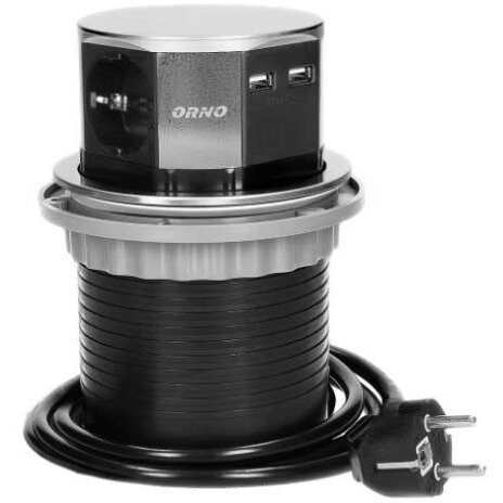 Priza pentru Mobilier OR-AE-1381(GS) Incastrabila 3 Prize Schuko 2 x USB Lungime Cablu 1.5M Negru/Gri