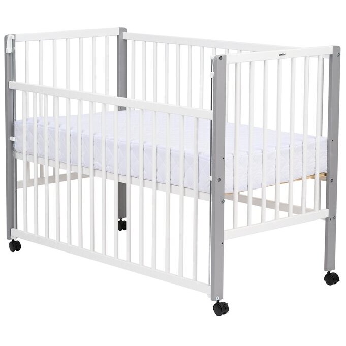 Patut Din Lemn Bebe Qmini 120x60cm Laterală Culisanta Lemn Pin Mdf Reglabilă Pe 3 Nivele Maya Alb