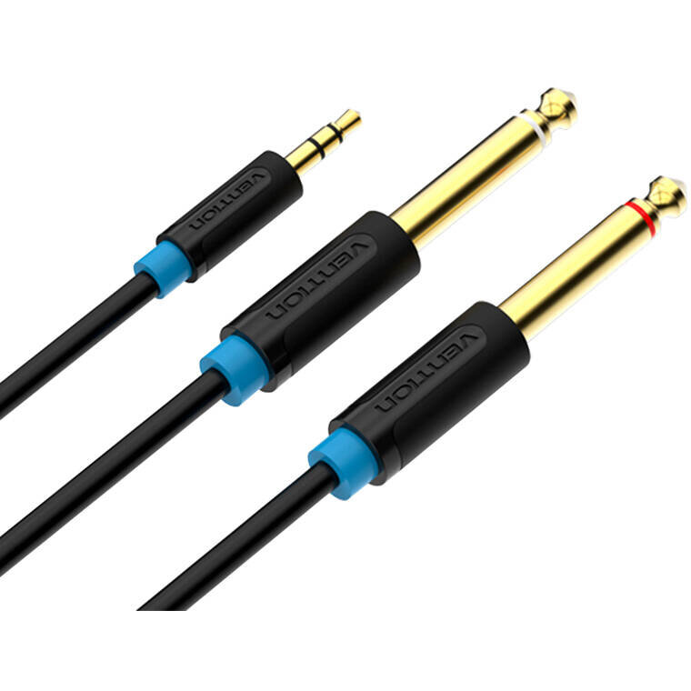Cablu de date BACBJ, 1x Jack 3.5mm la 2x Jack 6.35mm tata, 5m, Negru
