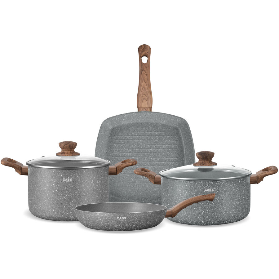 Set Vase Zass Gourmet ZG-ACS 05 Marmorate Antiaderente Din Aluminiu Turnat Sub Presiune 6 Piese Gri