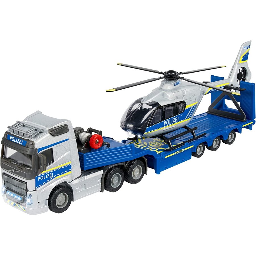 Jucarie Volvo Police Transporter FH-16 Truck with Trailer and Airbus Helicopter Toy Vehicle (blue/si