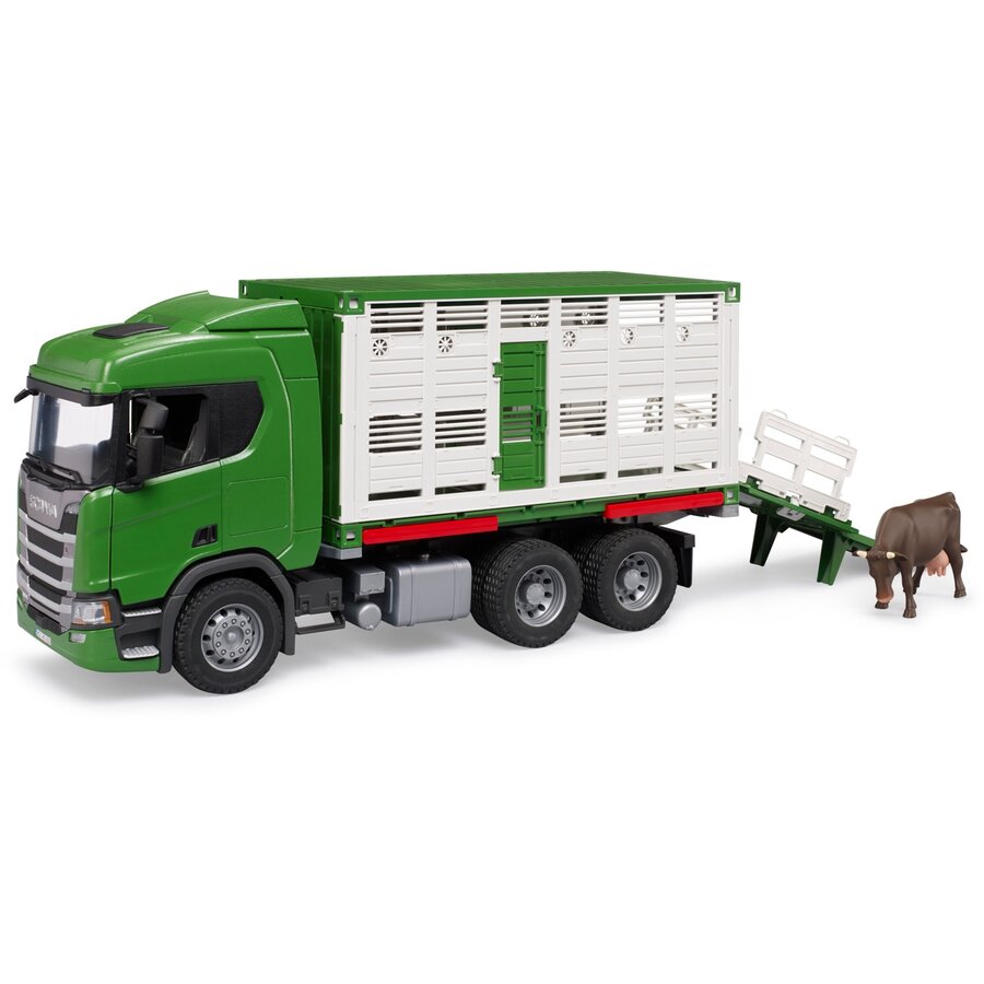 Jucărie Camion Transport Animale Bruder Scania Super 560R Figurina Vaca 1:16 +4ani Verde/Alb