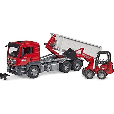 Jucarie MAN TGS truck with roll-off container and Schaffer farm loader, model vehicle