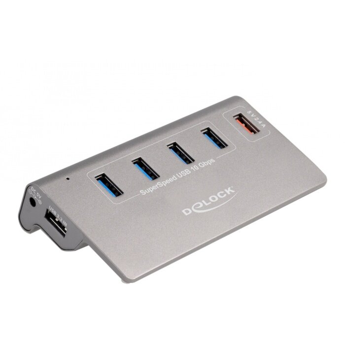 Hub USB USB 10 Gbps hub with 4 USB Type-A ports + 1 quick charging port, USB hub (grey, incl. power 