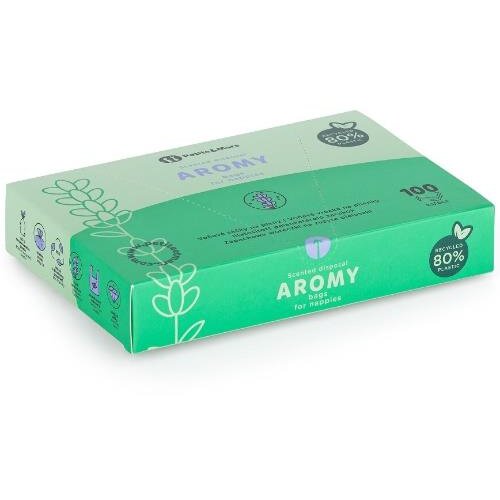 Set Saci Parfumati Petite&Mars Aromy pentru Scutece cu Miros de Lavandă Rezistenți Mânere Lungi 100 Bucăți Mov