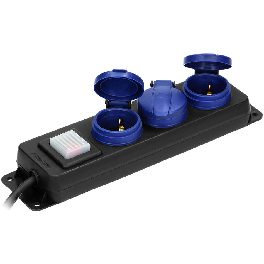 Prelungitor 5M 3 Prize 2P + Z IP44 Buton On/Off Negru/Albastru