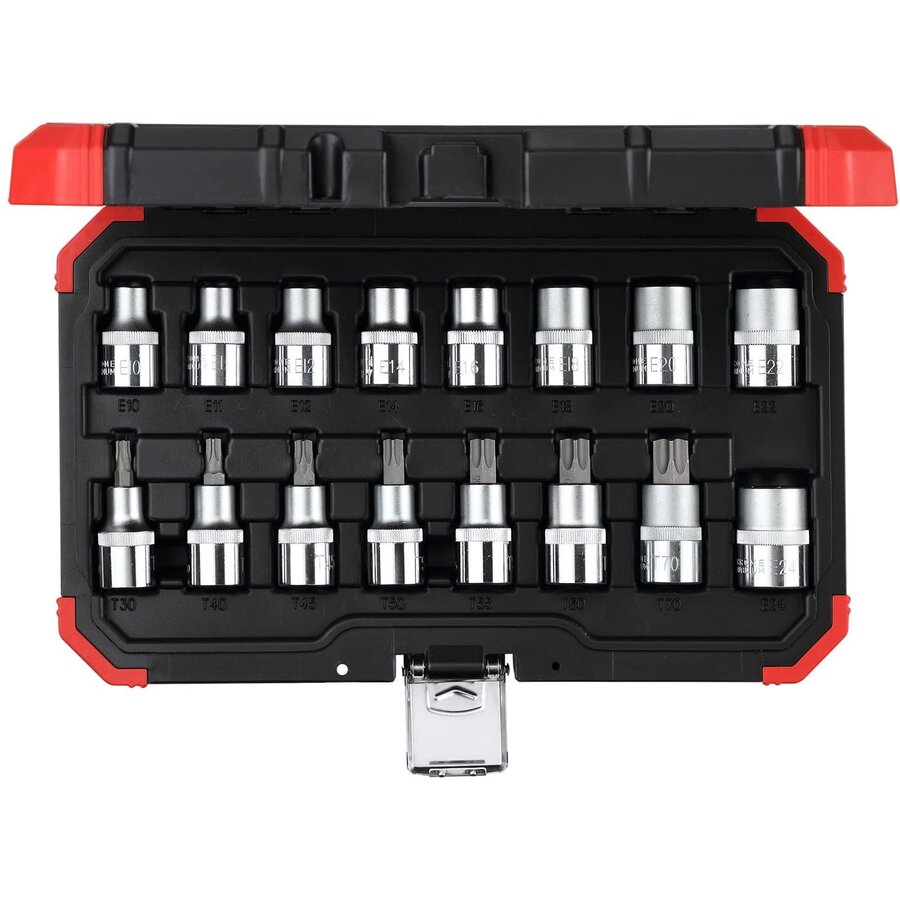 Red Socket set 1/2 , Torx, 16 pieces (red / black, E10 - T70)