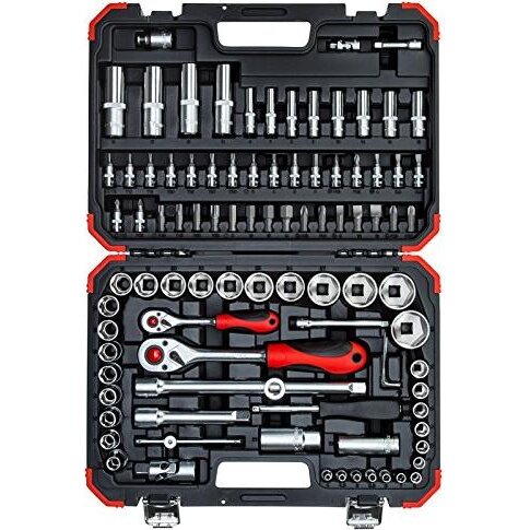 Red socket wrench set 1/4 + 1/2, 94 pieces (red / black, with reversible ratchets, SW 4mm - 32mm)