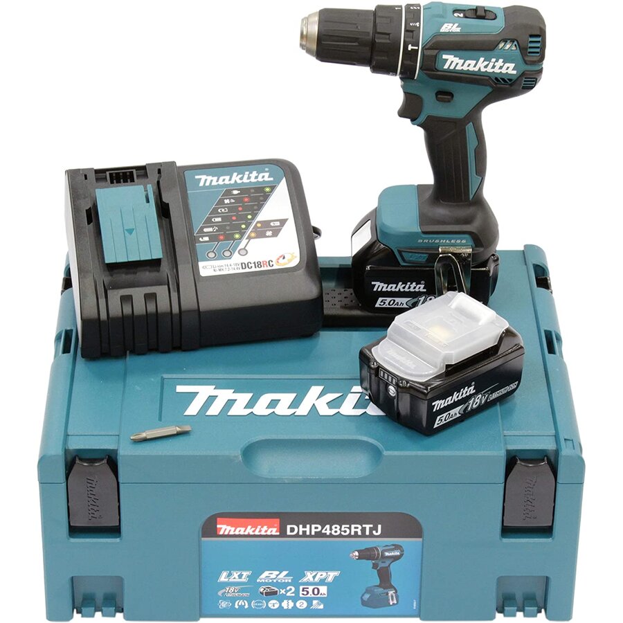 Masina de Gaurit si Insurubat cu Percutie DHP485RTJ cu 2 Acumulatori 5.0Ah 18V Incarcator si Cutie Transport Albastru/Negru