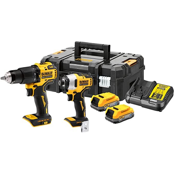 POWERSTACK battery combo pack DCK2062E2T, 18 volts, with impact wrench, impact drill (yellow/black, 