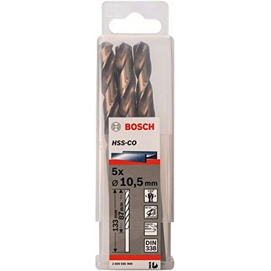 Bosch Metal Twist Drill Hss-co, Din 338,  10.5mm (5 Pieces, Working Length 87mm)