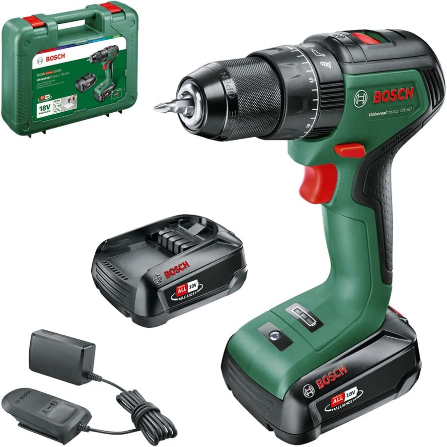 Bosch cordless impact drill UniversalImpact 18V-60 (green/black 2x Li-ion battery 2.0Ah case POWER FOR ALL ALLIANCE)