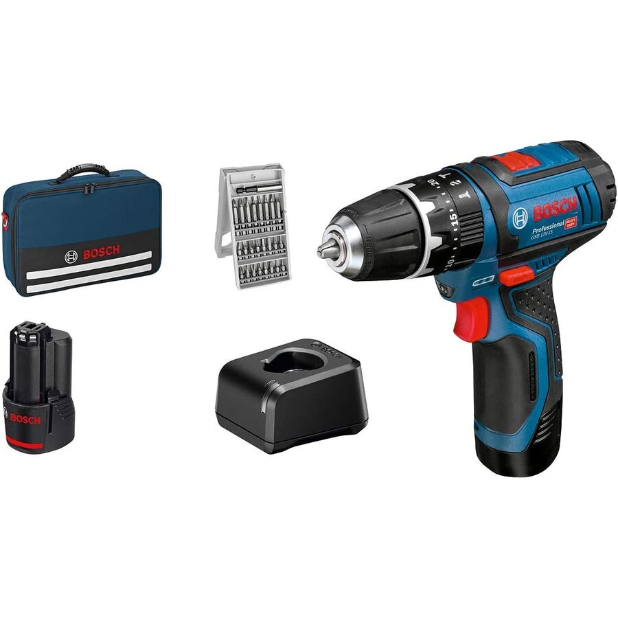 Bosch Cordless Impact Drill GSB 12V-15 Professional, 12 Volt (blue/black, 2x Li-Ion battery 2.0Ah, 25 bits)
