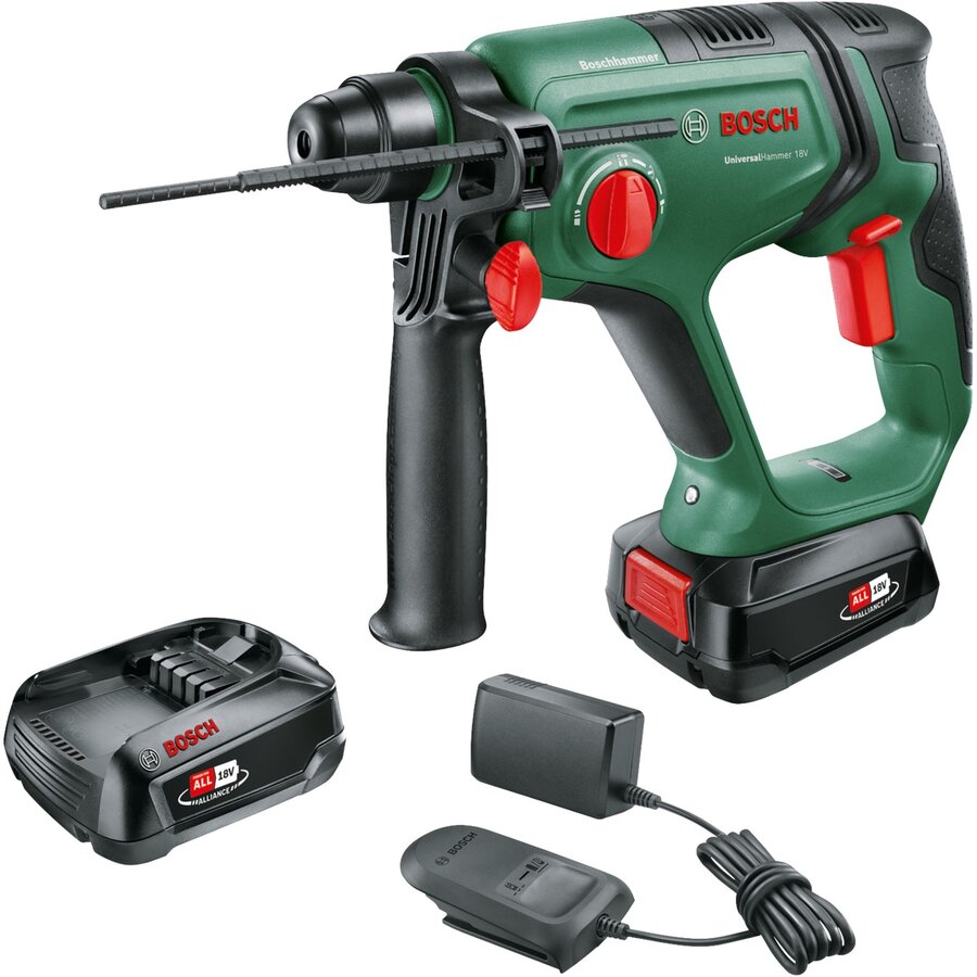 Bosch cordless hammer drill UniversalHammer 18V (green/black, 2x Li-ion batteries 2.5Ah, case, POWER FOR ALL ALLIANCE)
