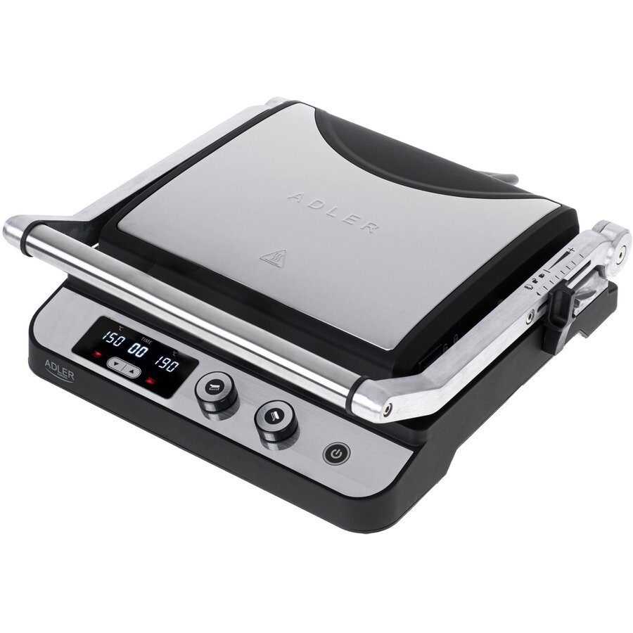 Grill Electric 2 In 1 AD 3059 3000W Led Suprafata Neteda/Striata Temperatura Reglabila 60˚C - 230˚C Timer Deschidere 180° Argintiu/Negru