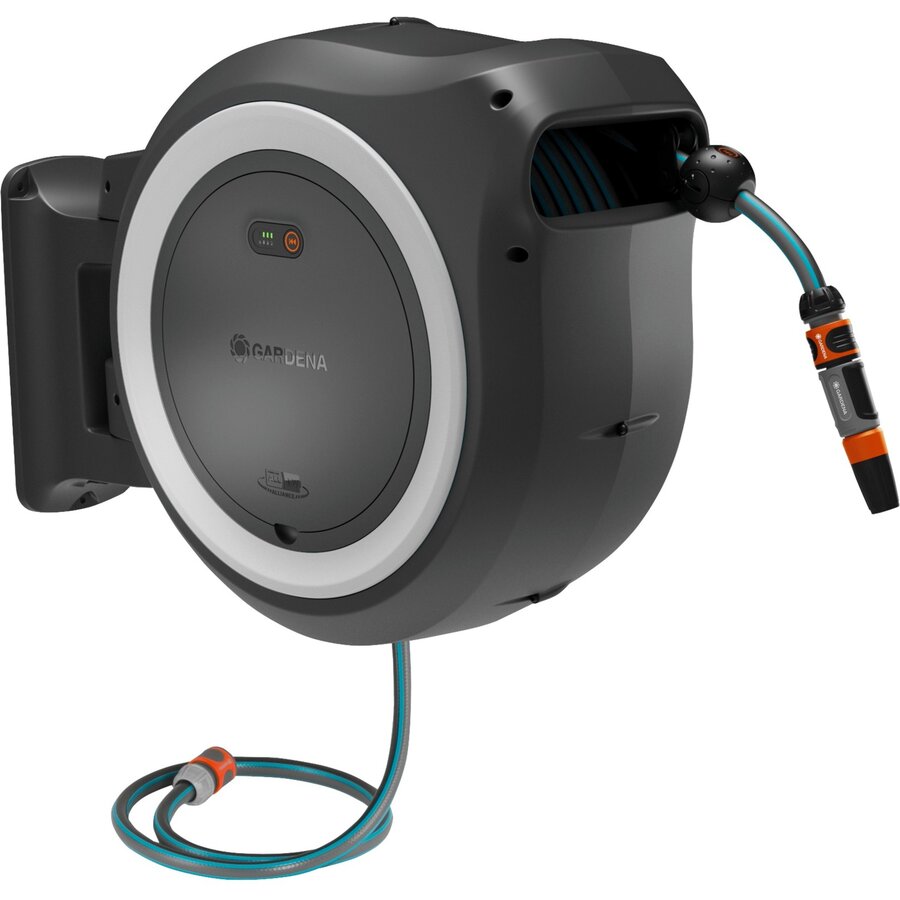 battery-powered wall hose box PowerRoll XXL 18V P4A, 40 meters, hose reel (grey/white, Li-Ion battery 2.5Ah, POWER FOR ALL ALLIANCE)