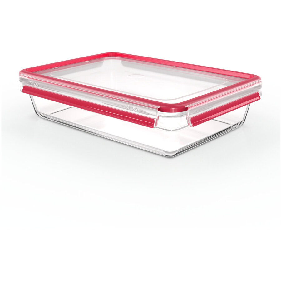 CLIP & CLOSE glass food storage container 3.0 liters (transparent/red, rectangular)
