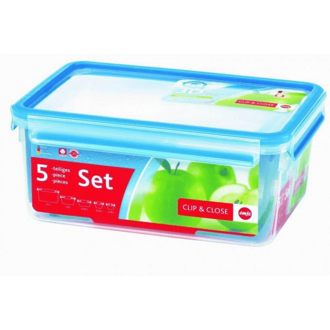 CLIP & CLOSE food storage container set, 5 pieces (transparent/blue, 4 rectangular, 1 round container + 5 lids)