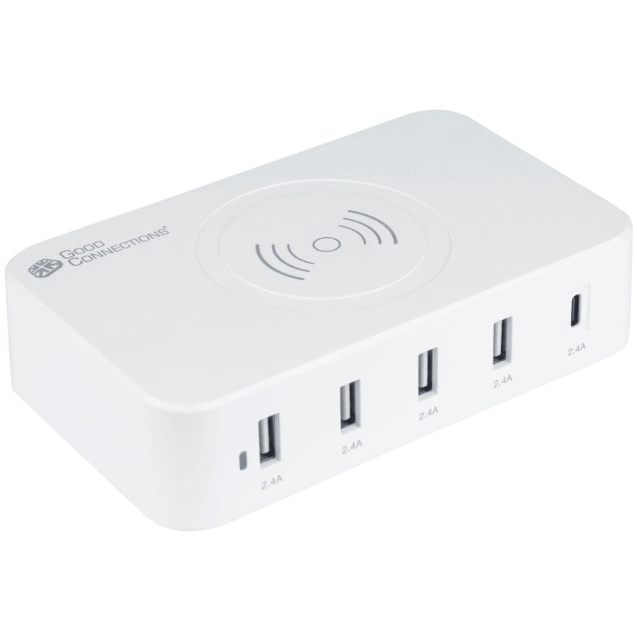 Good Connections USB desktop charging station 60 watts, 5-port (white, 10W Qi wireless charging, USB