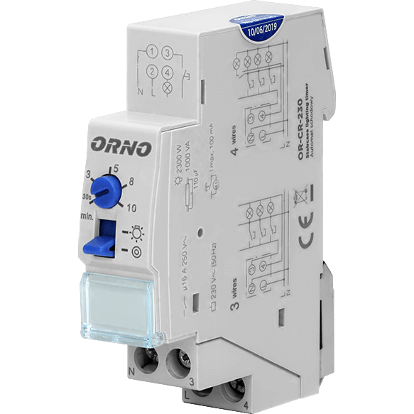 Releu Control Iluminare Scară Orno 2300 W 10 A IP20 Instalare 3 Sau 4 Fire DIN TH-35mm Alb