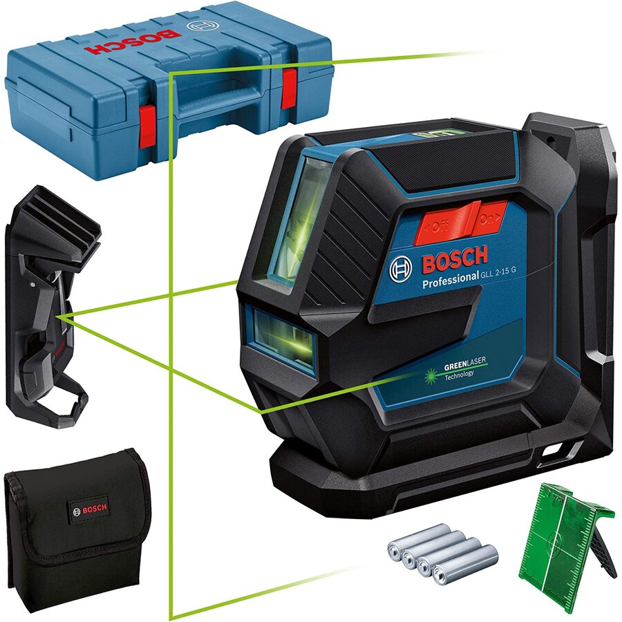 Bosch line laser GLL 2-15 G Professional, with bracket, cross line laser (blue/black, case, ceiling clamp, green laser lines)