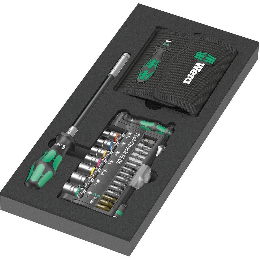 9750 Kraftform Compact and Tool-Check PLUS Set 1, 57-piece tool set (black/green, socket wrench and bit set, in foam insert for workshop trolley)