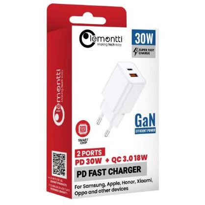 Incarcator Rețea Lemontti GaN Dual Port 1x Type-C și 1x USB-A 30W EU Plug Alb