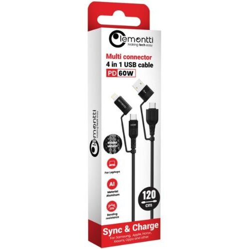 Cablu de Date Lemontti Fisheye Series Multi-connector 4in1 USB-A & Type-C la Type-C & Lightning PD 1.2M Negru — imaginea 3