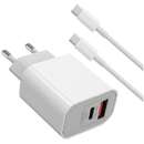 Fast Charge 20W 1 x PD Type-C + 1 x USB-A Quick Charge 3.0 si Cablu Type-C - Type-C 20W 1M Alb