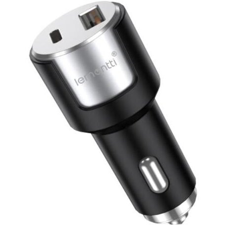Incarcator Auto Lemontti Fast Charge 1 x port PD Type-C 20W + 1 x port USB-A QC 3.0 18W cu Cablu Type-C la Type-C 20W 1M Negru/Argintiu — imaginea 3