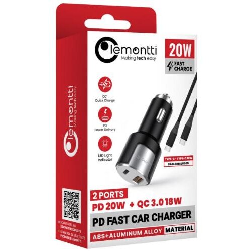 Incarcator Auto Lemontti Fast Charge 1 x port PD Type-C 20W + 1 x port USB-A QC 3.0 18W cu Cablu Type-C la Type-C 20W 1M Negru/Argintiu — imaginea 4