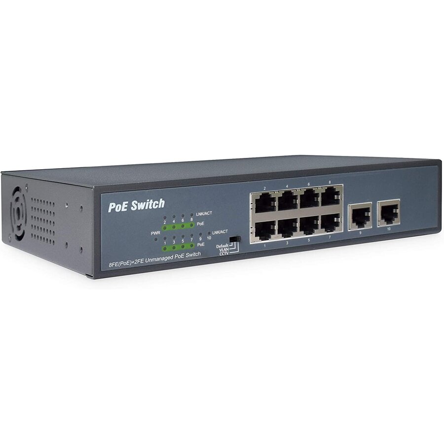 Switch 8-Port Fast Ethernet PoE Switch + 2 Uplinks (Black)