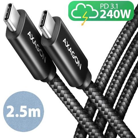 Cablu Axagon USB-C la USB-C 2.0 PD 240W 5A Matisat Conector Aluminiu 2.5M Negru