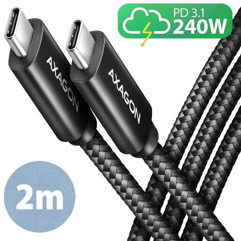 Cablu de Date / Încărcare Axagon USB-C la USB-C 2.0 PD 240W 5A Matisat Conector Aluminiu 2M Negru