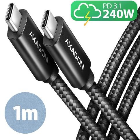Cablu de Date Axagon USB-C la USB-C 2.0 PD 240W 5A Matisat Conector Aluminiu 1M Negru