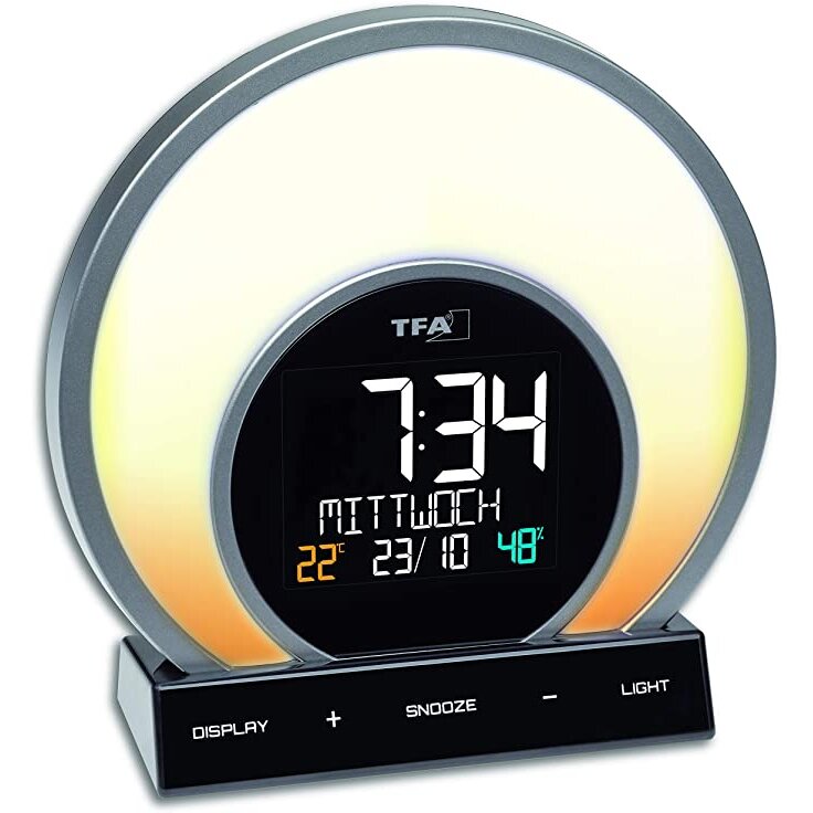 light alarm clock with color changing mood light and room climate SOLUNA (black/silver)