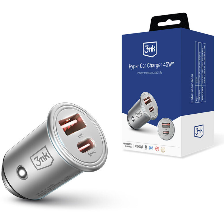 Incarcator Auto Hyper 45W 3A USB-A  USB-C Argintiu