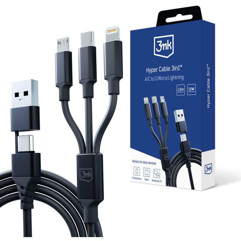 Cablu Date Hyper USB-A USB-C Lightning  microUSB  12W 1.5m Negru