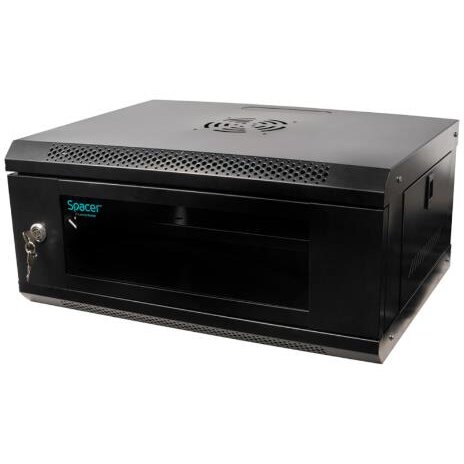 Cabinet Spacer 19Inch 6U 500x450MM Fixare pe Perete Flatpack (dezasamblat) Ușă Sticlă cu Blocare Panouri Detasabile Oțel 1MM Sarcina Maximă 25KG Conține un Raft Negru