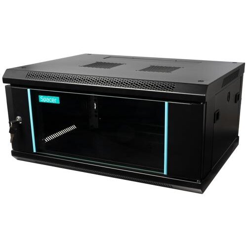 Cabinet Spacer 19Inch 4U 600x450MM Fixare pe Perete Flatpack (dezasamblat) Ușă Sticlă cu Blocare Panouri Detasabile Oțel 1.5MM Sarcina Maximă 60KG Negru