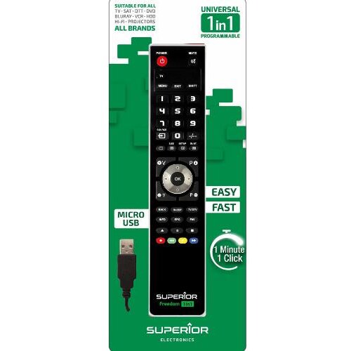 Telecomanda Universală Superior Freedom Micro-USB Programabilă Simultan pentru TV DVD Satelit și AUX Conectare PC prin USB Cablu Inclus Baterii 2x AAA Neincluse Negru