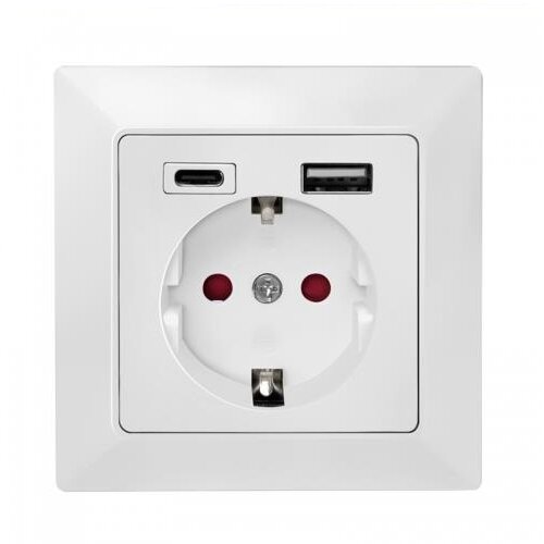 Priza pentru Perete 1x Schuko 1x USB 1x USB-C 5V/2.8A Max 230V AC 50Hz Alb