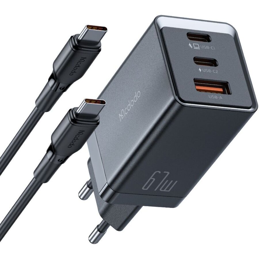 Incarcator Rețea Mcdodo GaN5 Mini Pro Fast Charger 67W Port 2xType-C+ 1xUSB-A Cablu Type-C 2m Negru