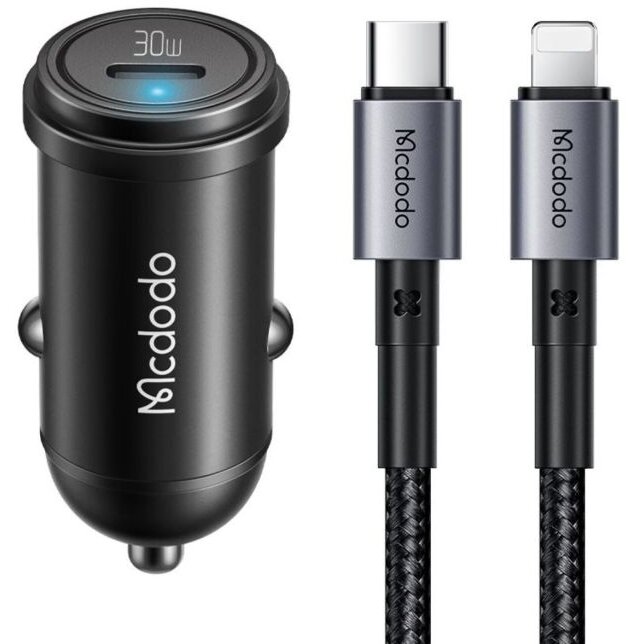 Incarcator Auto 1xType-C Fast Charging PD 30W Cablu USB Type-C Lightning 1.2m Negru
