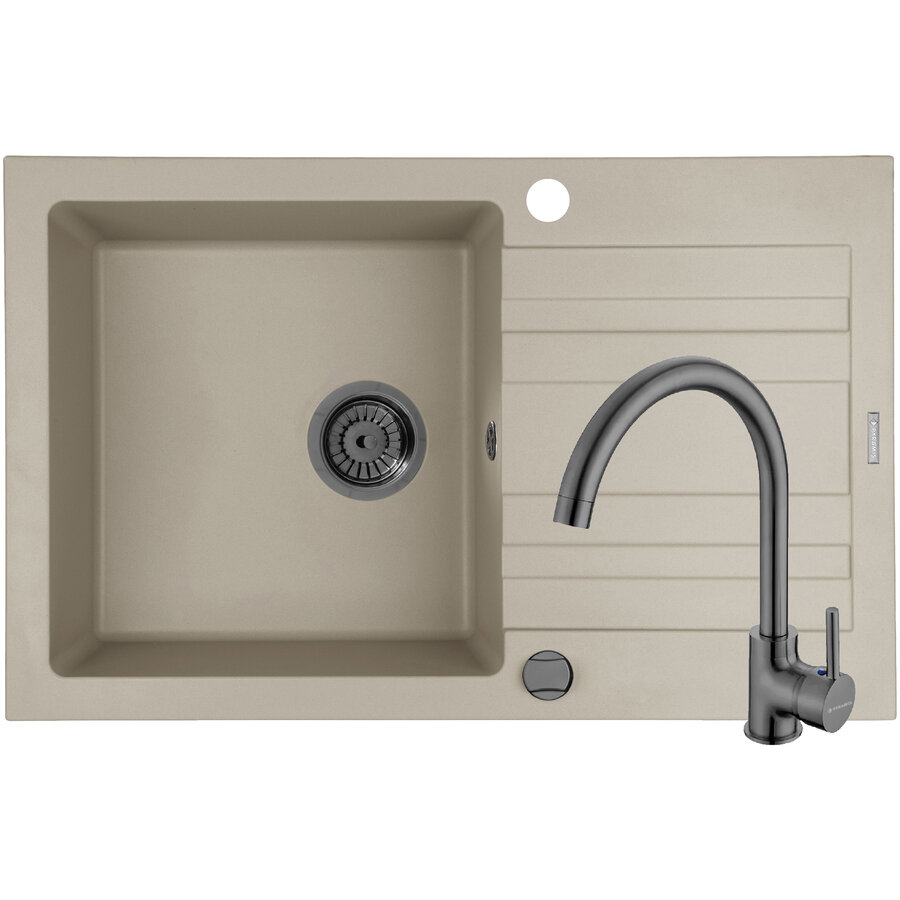 Set Chiuveta Granit + Baterie ECO BELLO Gun Metal NAXOS 79x50 1B 1D Beige