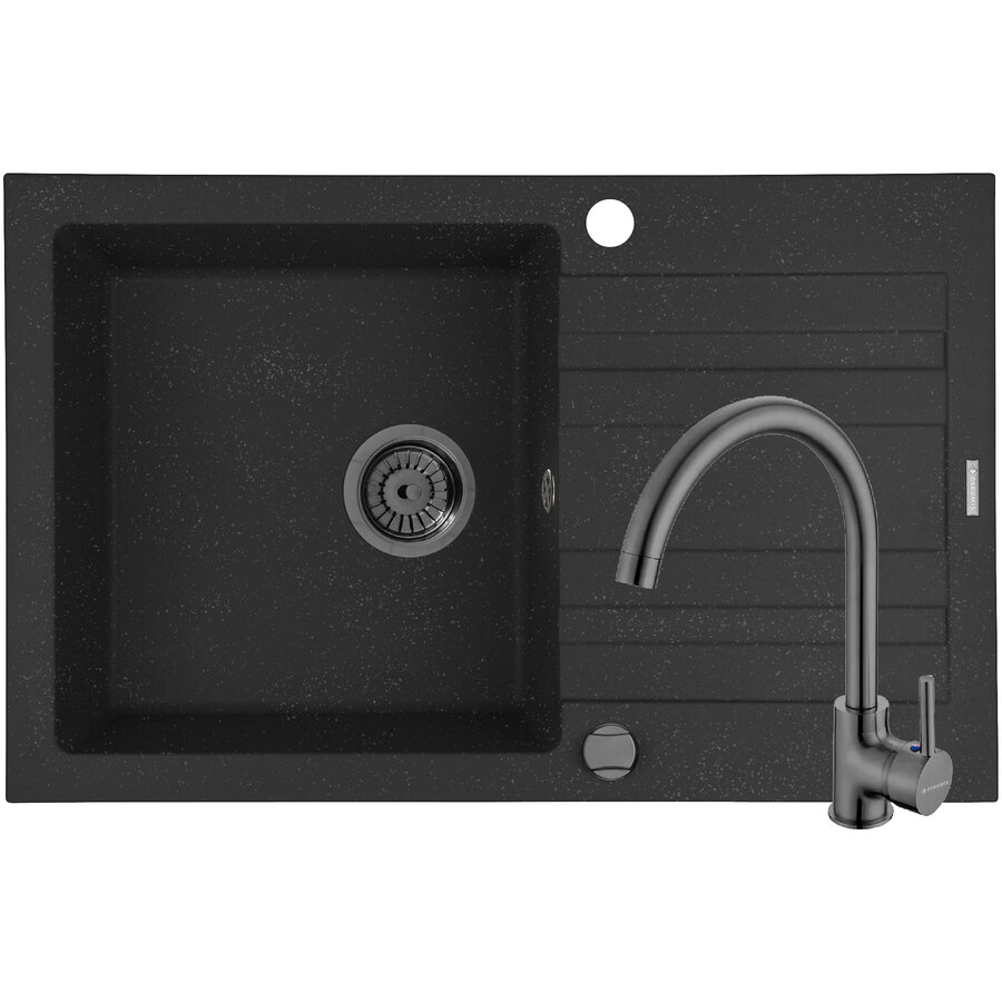 Set Chiuveta Granit + Baterie ECO BELLO Gun Metal NAXOS 79x50 1B 1D Black