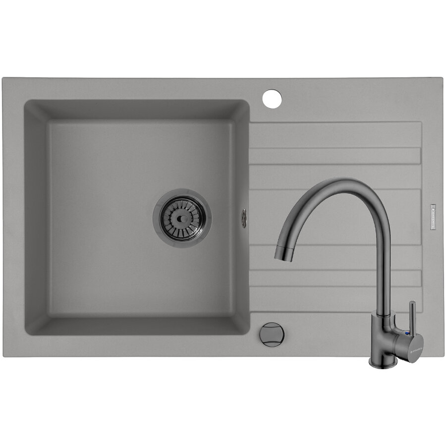 Set Chiuveta Granit + Baterie ECO BELLO Gun Metal NAXOS 79x50 1B 1D Grey
